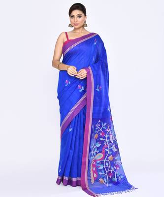 women's royel blue embellished matka silk blend jamdani saree 1