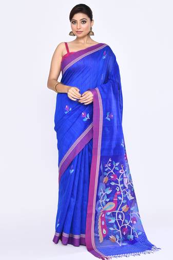 women's royel blue embellished matka silk blend jamdani saree