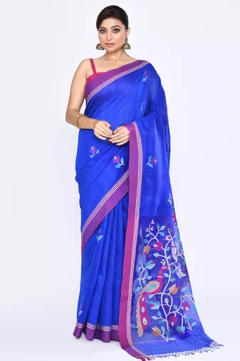 women's royel blue embellished matka silk blend jamdani saree