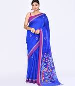women's royel blue embellished matka silk blend jamdani saree