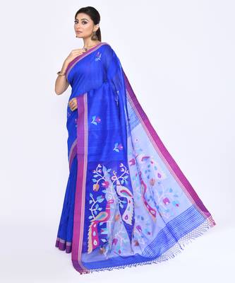 women's royel blue embellished matka silk blend jamdani saree 2