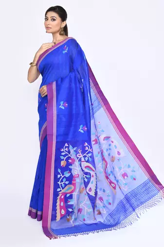 women's royel blue embellished matka silk blend jamdani saree