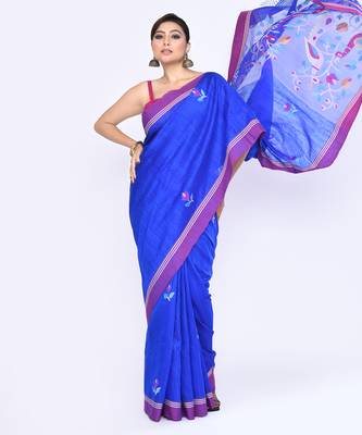 women's royel blue embellished matka silk blend jamdani saree 3
