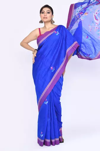 women's royel blue embellished matka silk blend jamdani saree
