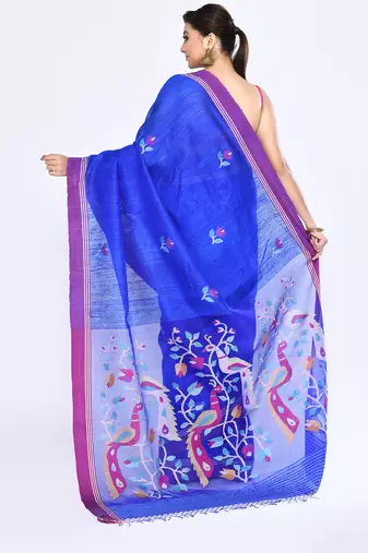 women's royel blue embellished matka silk blend jamdani saree