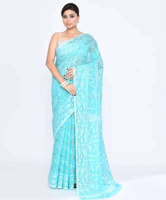 Women's aqua embellished cotton blend jamdani saree 1