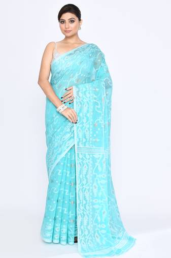 Women's aqua embellished cotton blend jamdani saree
