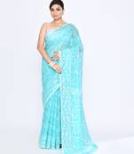 Women's aqua embellished cotton blend jamdani saree