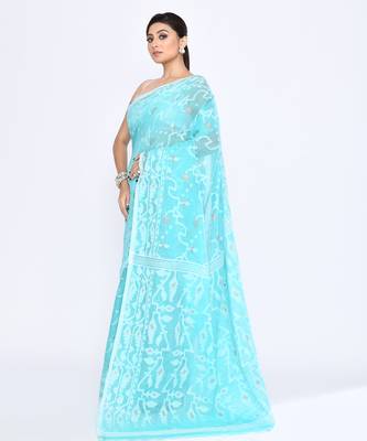Women's aqua embellished cotton blend jamdani saree 2