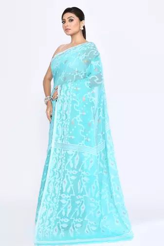 Women's aqua embellished cotton blend jamdani saree