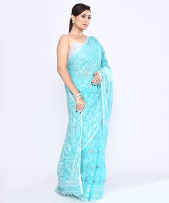 Women's aqua embellished cotton blend jamdani saree 3