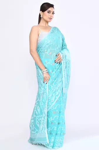 Women's aqua embellished cotton blend jamdani saree