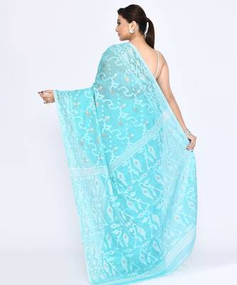 Women's aqua embellished cotton blend jamdani saree 4