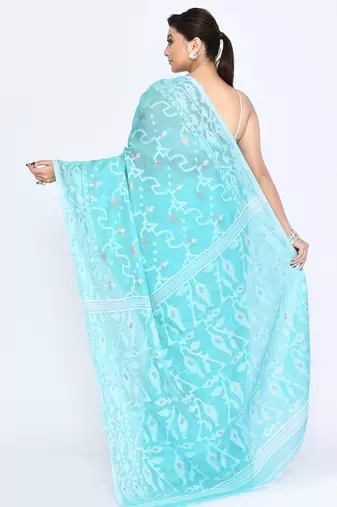 Women's aqua embellished cotton blend jamdani saree