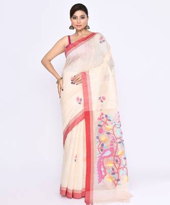women's off white embellished matka silk blend jamdani saree 5