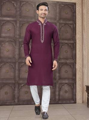 Wine colour pure cotton with embroidery and pintex work kurta pajama mens wear 1