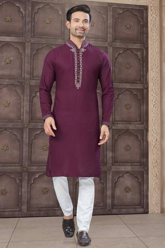 Wine colour pure cotton with embroidery and pintex work kurta pajama mens wear