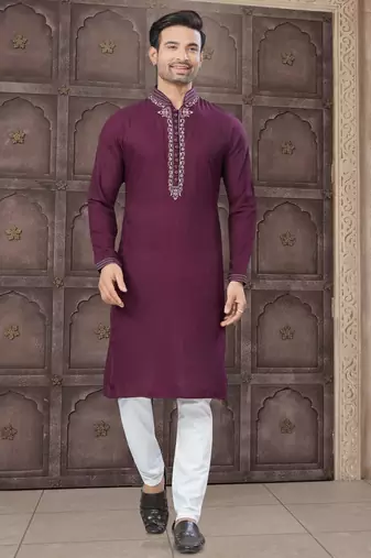 Wine colour pure cotton with embroidery and pintex work kurta pajama mens wear