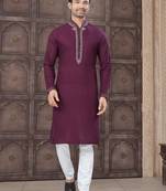 Wine colour pure cotton with embroidery and pintex work kurta pajama mens wear