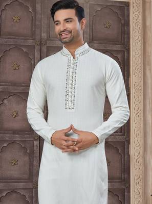 White colour pure cotton with embroidery and pintex work kurta pajama mens wear 1