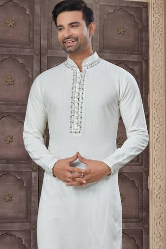 White colour pure cotton with embroidery and pintex work kurta pajama mens wear