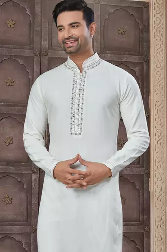 White colour pure cotton with embroidery and pintex work kurta pajama mens wear