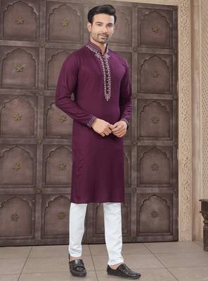 Wine colour pure cotton with embroidery and pintex work kurta pajama mens wear 3