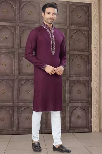 Wine colour pure cotton with embroidery and pintex work kurta pajama mens wear
