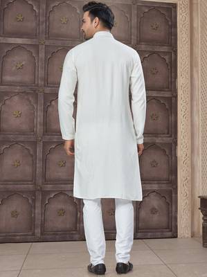White colour pure cotton with embroidery and pintex work kurta pajama mens wear 2