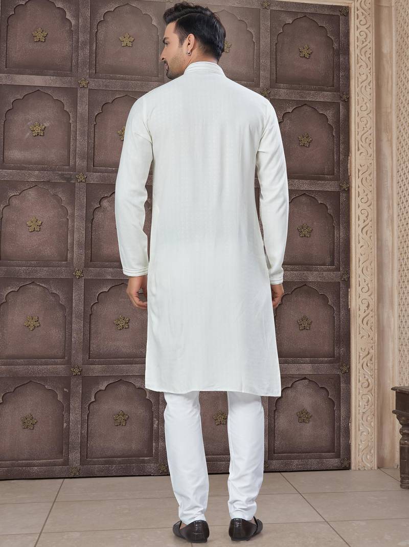 White colour pure cotton with embroidery and pintex work kurta pajama mens wear