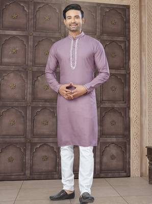 Pink colour pure cotton with embroidery and pintex work kurta pajama mens wear 1
