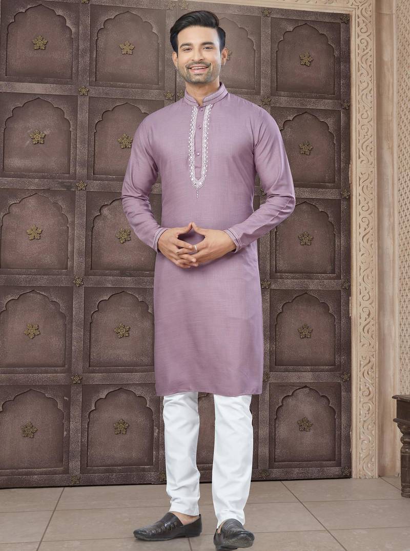 Pink colour pure cotton with embroidery and pintex work kurta pajama mens wear