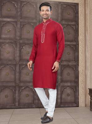 Red colour pure cotton with embroidery and pintex work kurta pajama mens wear 1