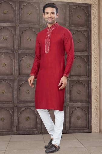 Red colour pure cotton with embroidery and pintex work kurta pajama mens wear