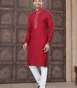 Red colour pure cotton with embroidery and pintex work kurta pajama mens wear