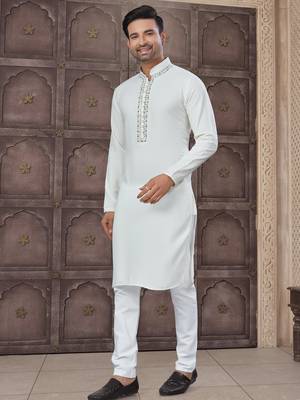 White colour pure cotton with embroidery and pintex work kurta pajama mens wear 3