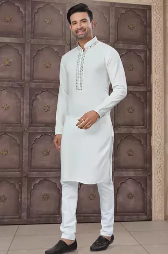 White colour pure cotton with embroidery and pintex work kurta pajama mens wear