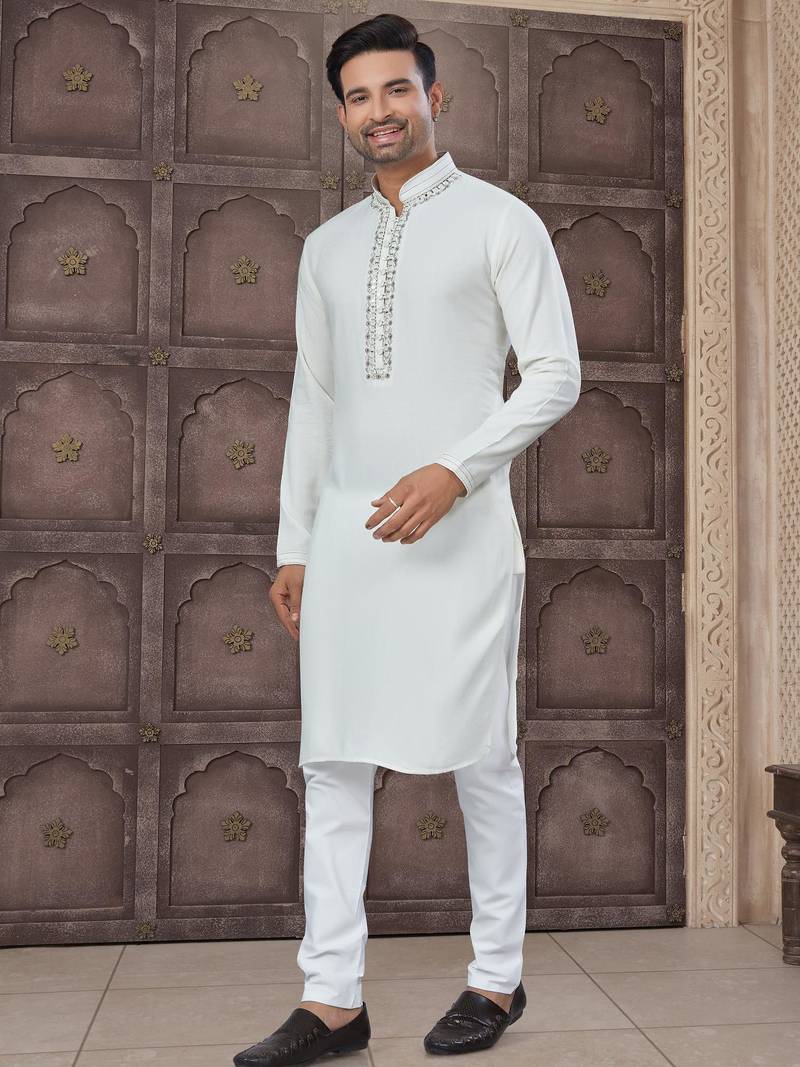 White colour pure cotton with embroidery and pintex work kurta pajama mens wear