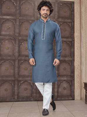 Grey colour pure cotton with embroidery and pintex work kurta pajama mens wear 1