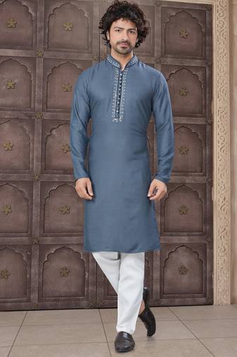 Grey colour pure cotton with embroidery and pintex work kurta pajama mens wear
