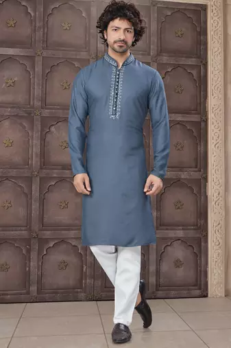 Grey colour pure cotton with embroidery and pintex work kurta pajama mens wear
