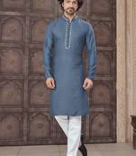 Grey colour pure cotton with embroidery and pintex work kurta pajama mens wear