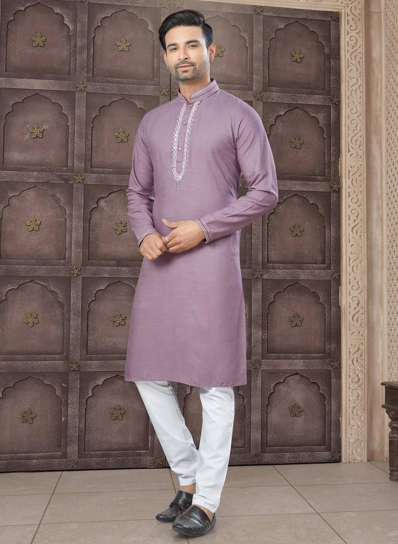 Pink colour pure cotton with embroidery and pintex work kurta pajama mens wear