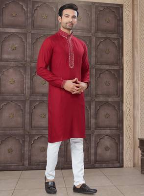 Red colour pure cotton with embroidery and pintex work kurta pajama mens wear 3