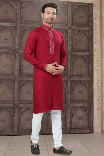 Red colour pure cotton with embroidery and pintex work kurta pajama mens wear