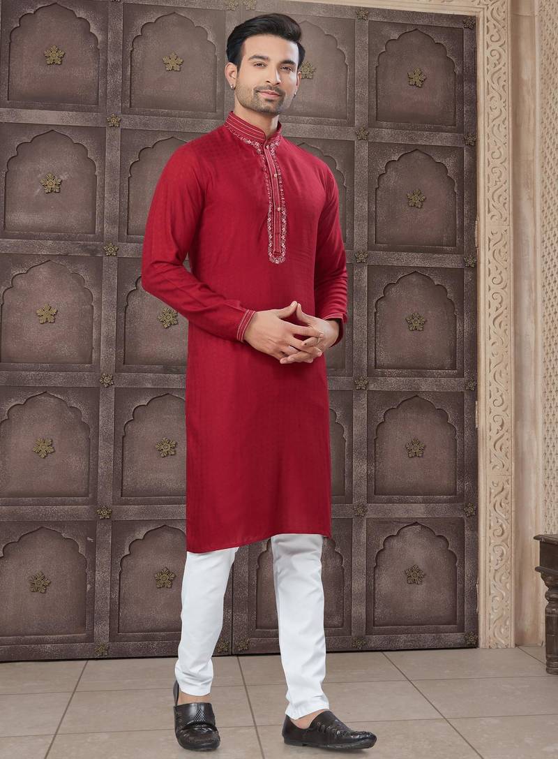 Red colour pure cotton with embroidery and pintex work kurta pajama mens wear