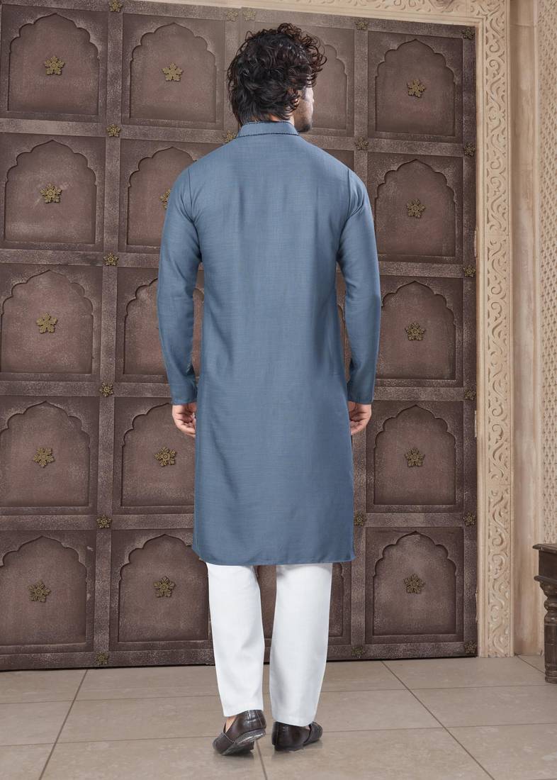Grey colour pure cotton with embroidery and pintex work kurta pajama mens wear