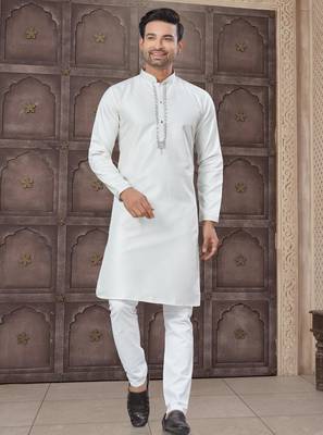 White colour pure cotton with embroidery and pintex work kurta pajama mens wear 1
