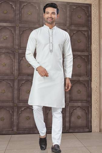 White colour pure cotton with embroidery and pintex work kurta pajama mens wear