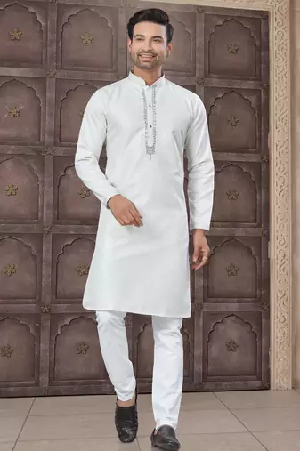 White colour pure cotton with embroidery and pintex work kurta pajama mens wear